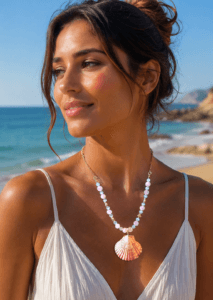 collier coquillage et quartz rose fait à la main