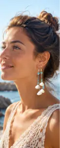 boucles d'oreilles pendante artisanales en coquillage et perles naturelles, inspiré de l’océan et du style bohème. Création faite main idéale pour apporter une touche marine et naturelle.