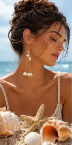 boucles d'oreilles pendantes artisanales en coquillage et perles naturelles, inspiré de l’océan et du style bohème. Création faite main idéale pour apporter une touche marine et naturelle.
