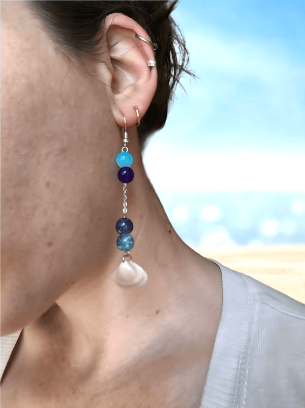 Boucles d'oreilles pendante perles bleu et coquillage