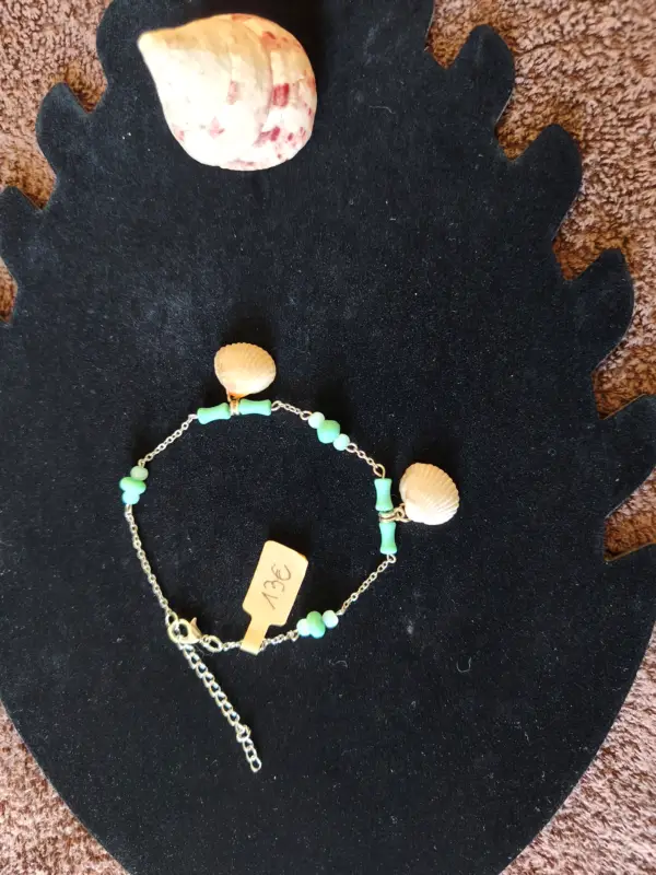 Bracelet de cheville perles bleu/vert et coquillage