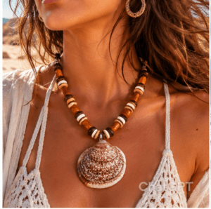 collier artisanal en coquillage et perles de bois, inspiré de l’océan et du style bohème. Création faite main idéale pour apporter une touche marine et naturelle.
