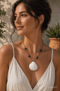 collier artisanal en coquillage et perles naturelles, inspiré de l’océan et du style bohème. Création faite main idéale pour apporter une touche marine et naturelle.
