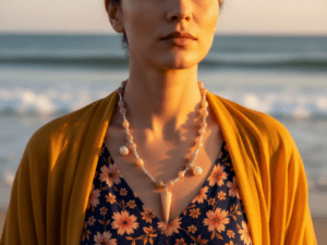 collier artisanal en coquillage et perles naturelles, inspiré de l’océan et du style bohème. Création faite main idéale pour apporter une touche marine et naturelle.