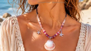 Collier perles Quartz Lavande et coquillage naturel