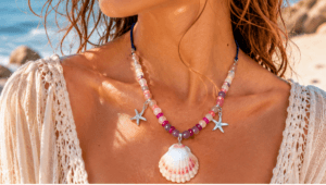 collier artisanal en coquillage et perles de quartz lavande, inspiré de l’océan et du style bohème. Création faite main idéale pour apporter une touche marine et naturelle.