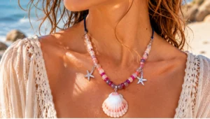 Collier bohème aux douces nuances lavande et rose, composé de perles de quartz et de verre, sublimé par un véritable coquillage de Méditerranée et de délicates étoiles de mer en acier inoxydable. Ajustable grâce à son cordon en tissu, il s’adapte de 42 à 64 cm pour un porté confortable et naturel.
