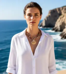 collier artisanal en perles de rocaille et coquillage rare, inspiré de l’océan et du style bohème. Création faite main idéale pour apporter une touche marine et naturelle.
