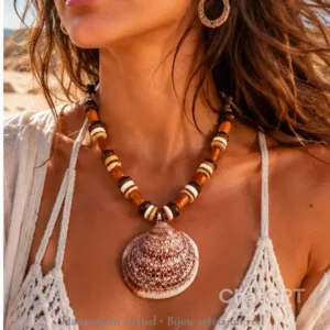 Collier coquillage amande de mer, bois & coco