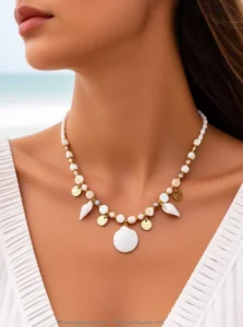 Collier perles nacrées roses, violettes et coquillages