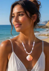 Collier Saint-Jacques rose avec quartz et coquillage